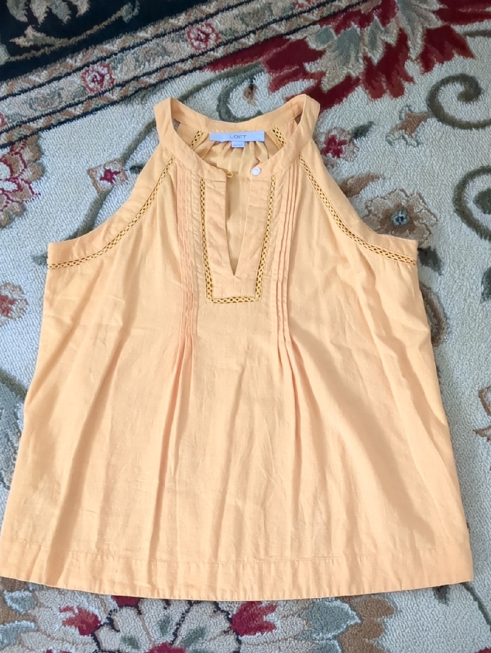 Loft Pintucked Linen Blend Halter Neck Blouse Gold/Tangerine XXS